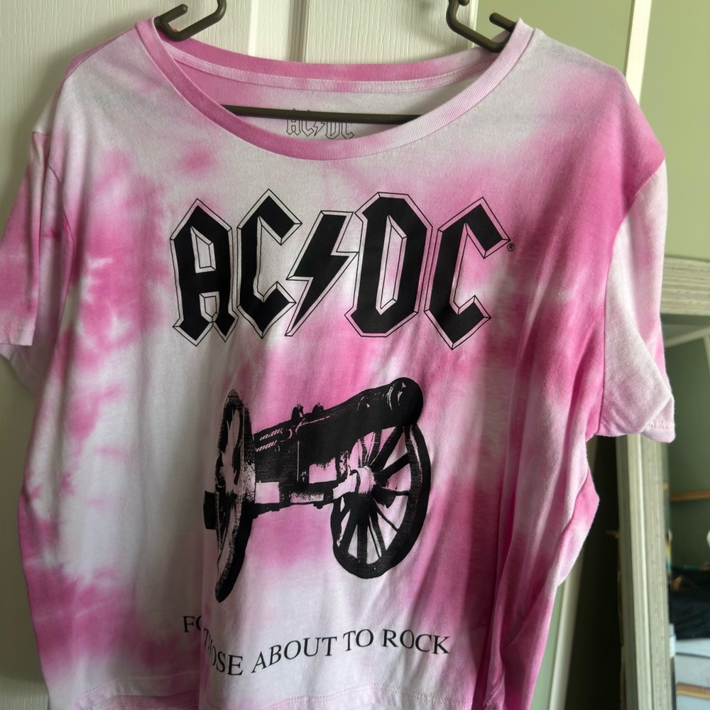 AC/DC Pink and White Crop Top with Tie-Dye Design